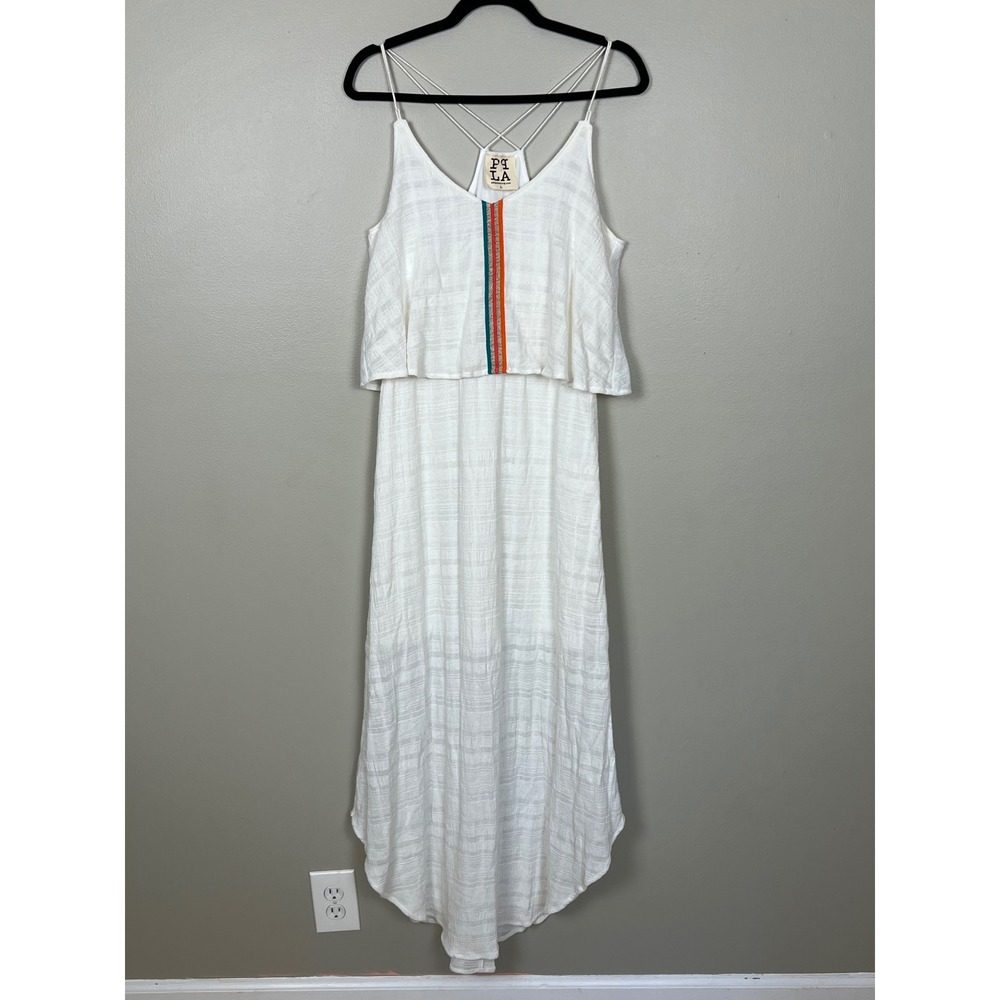 PPLA Lalo Dress Ivory White Boho Embroidered High Low Maxi PDR107 Womens Large